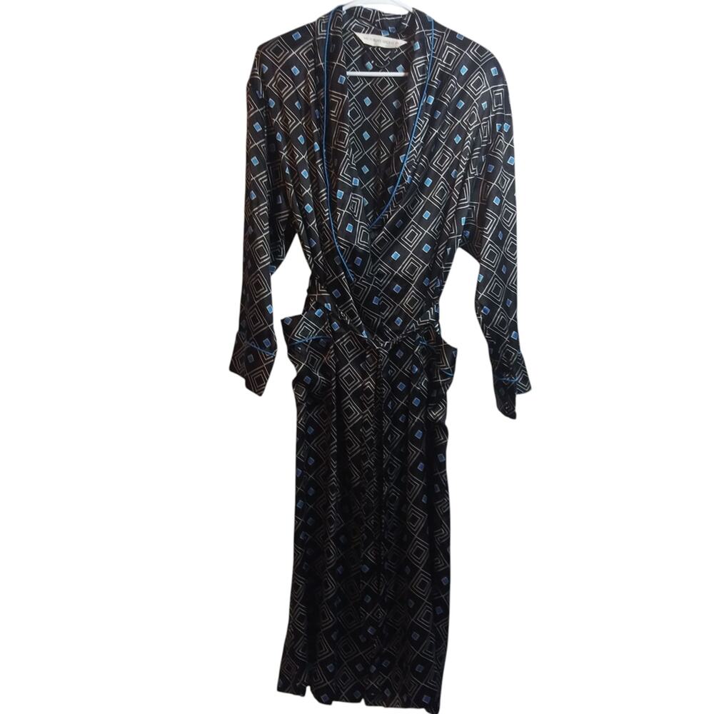Vintage Victoria's Secret Silky Satin Geometric Patterned Black Blue Robe  Xs/S